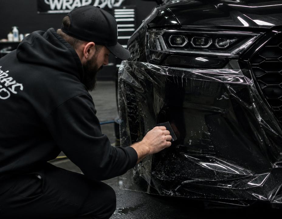 Installer applying paint protection film to a black SUV
